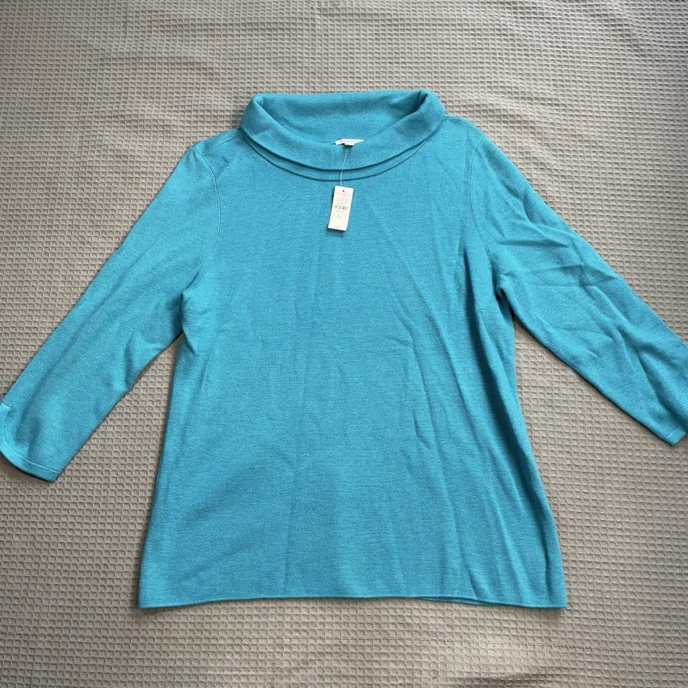New Talbots Cowl Neck Sweater Large Petite LP Womens 3/4 Sleeve Blue